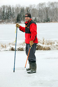 image of Blake Liend with safety gear for ice fishing