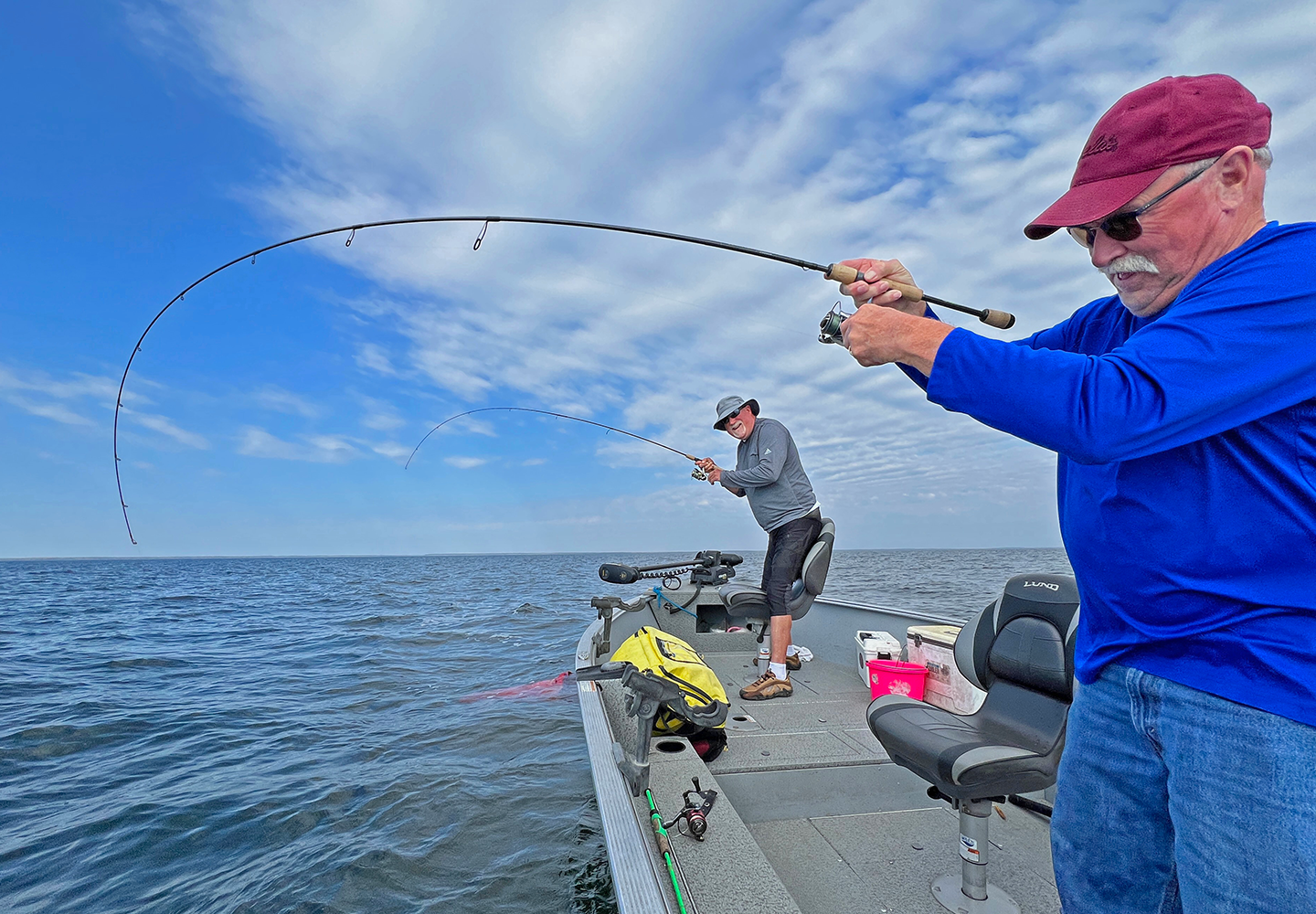 image of Larry Lashley and Mike Cooley catching a Lake Winnie Walleye Double
